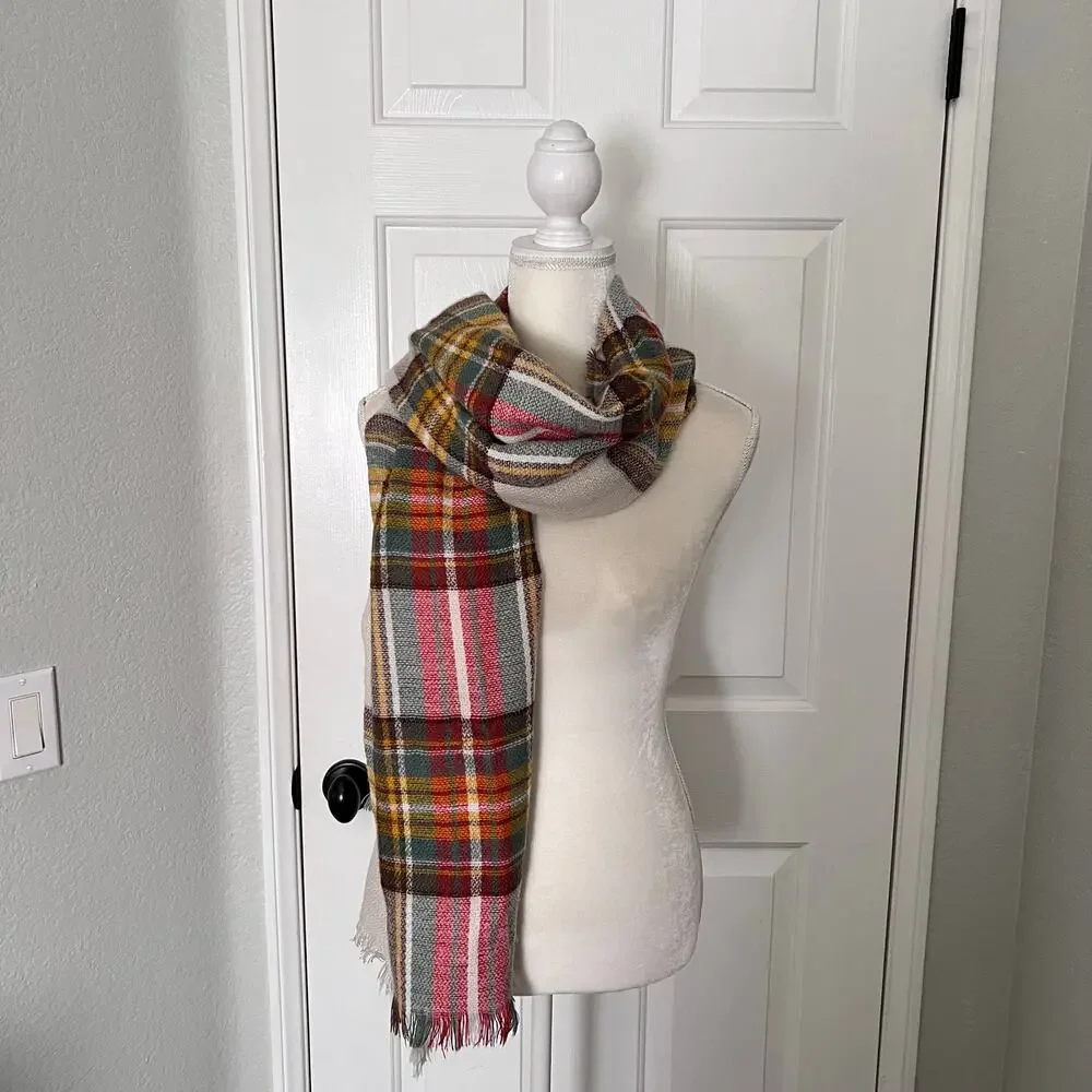 🍄 3/$15 Plaid Fringe Shawl Scarf Wrap Fall Colors Soft Lightweight Blanket Style